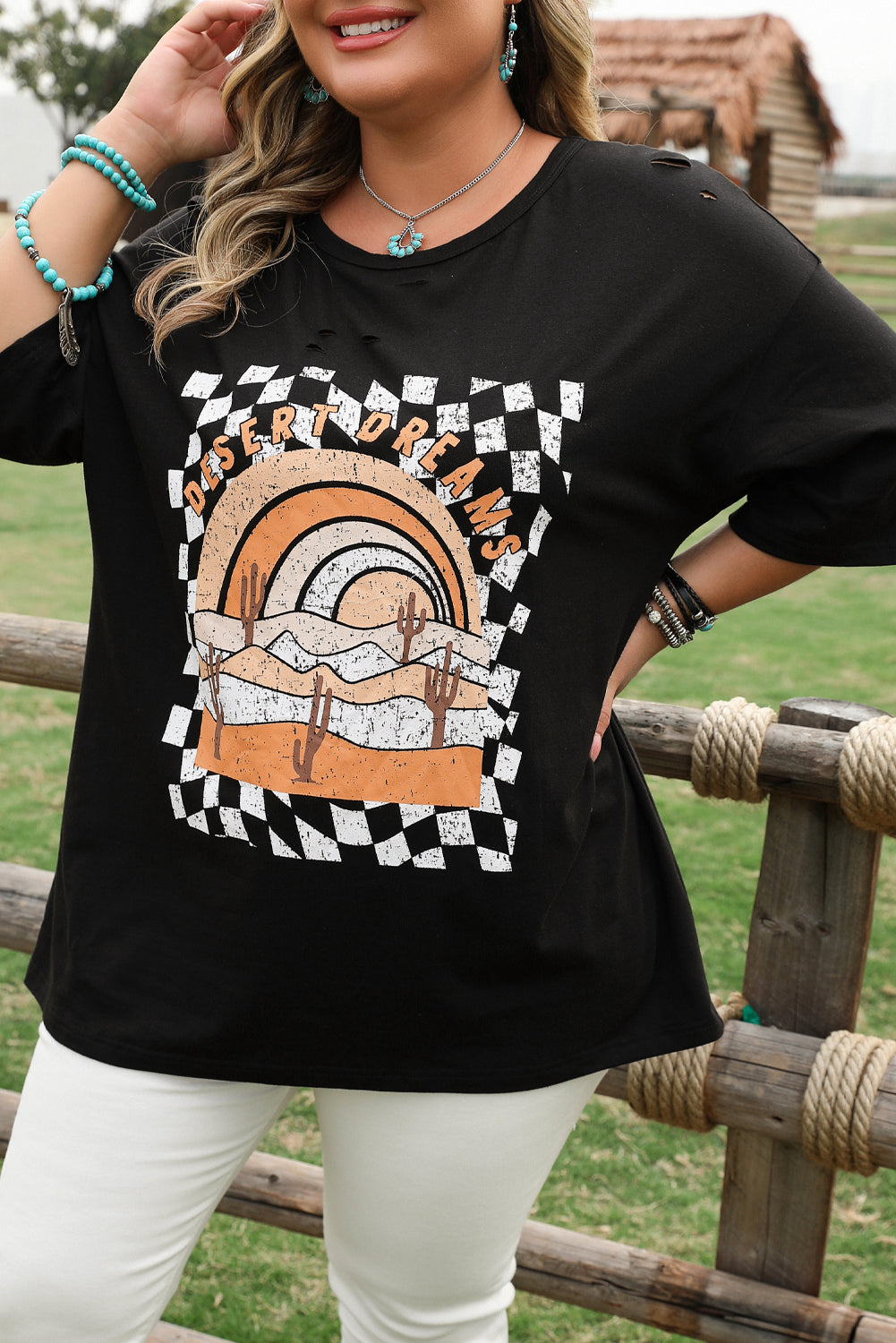 Black Checkerd DESERT DREAMS Printed Ripped Plus Size Tee