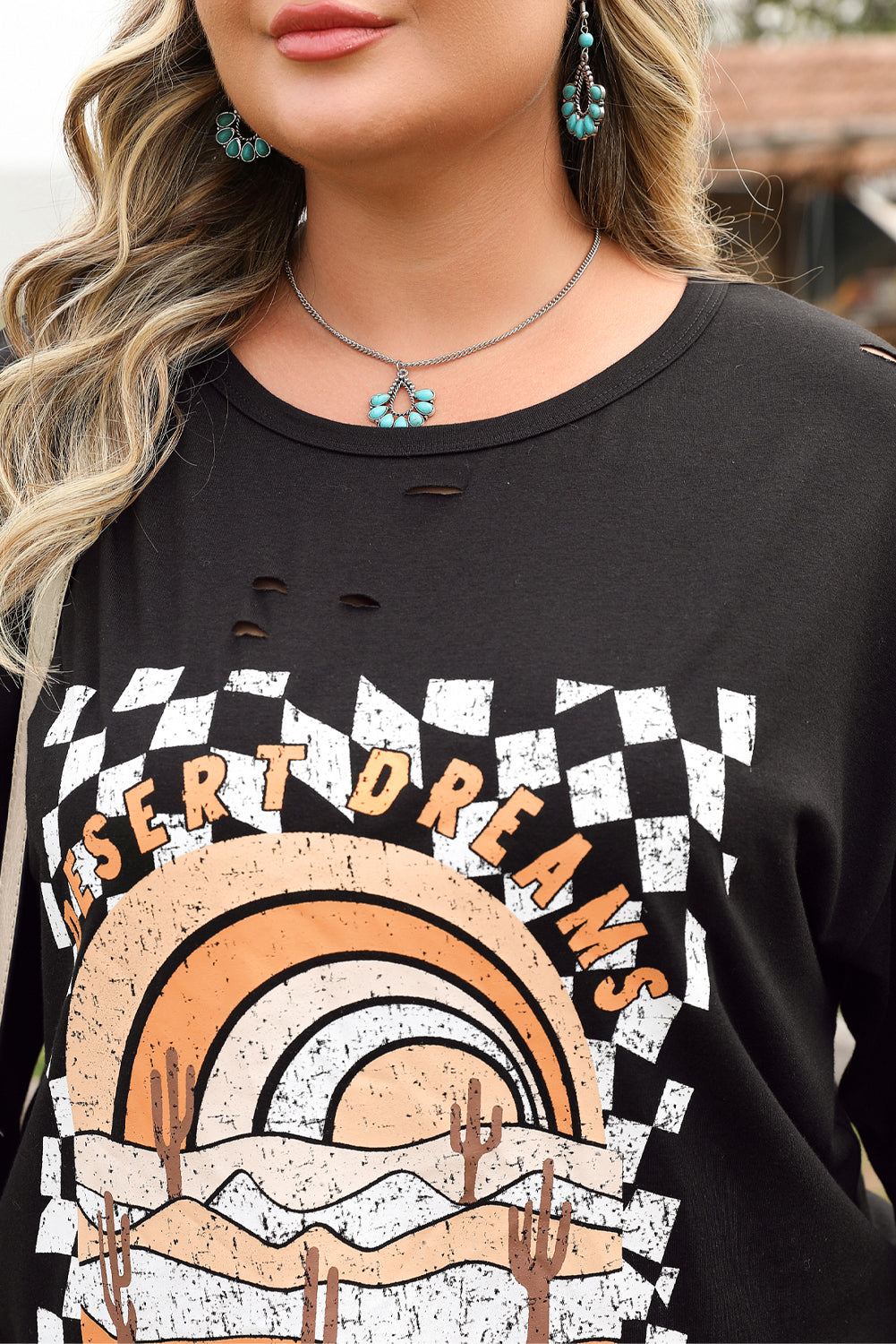 Black Checkerd DESERT DREAMS Printed Ripped Plus Size Tee