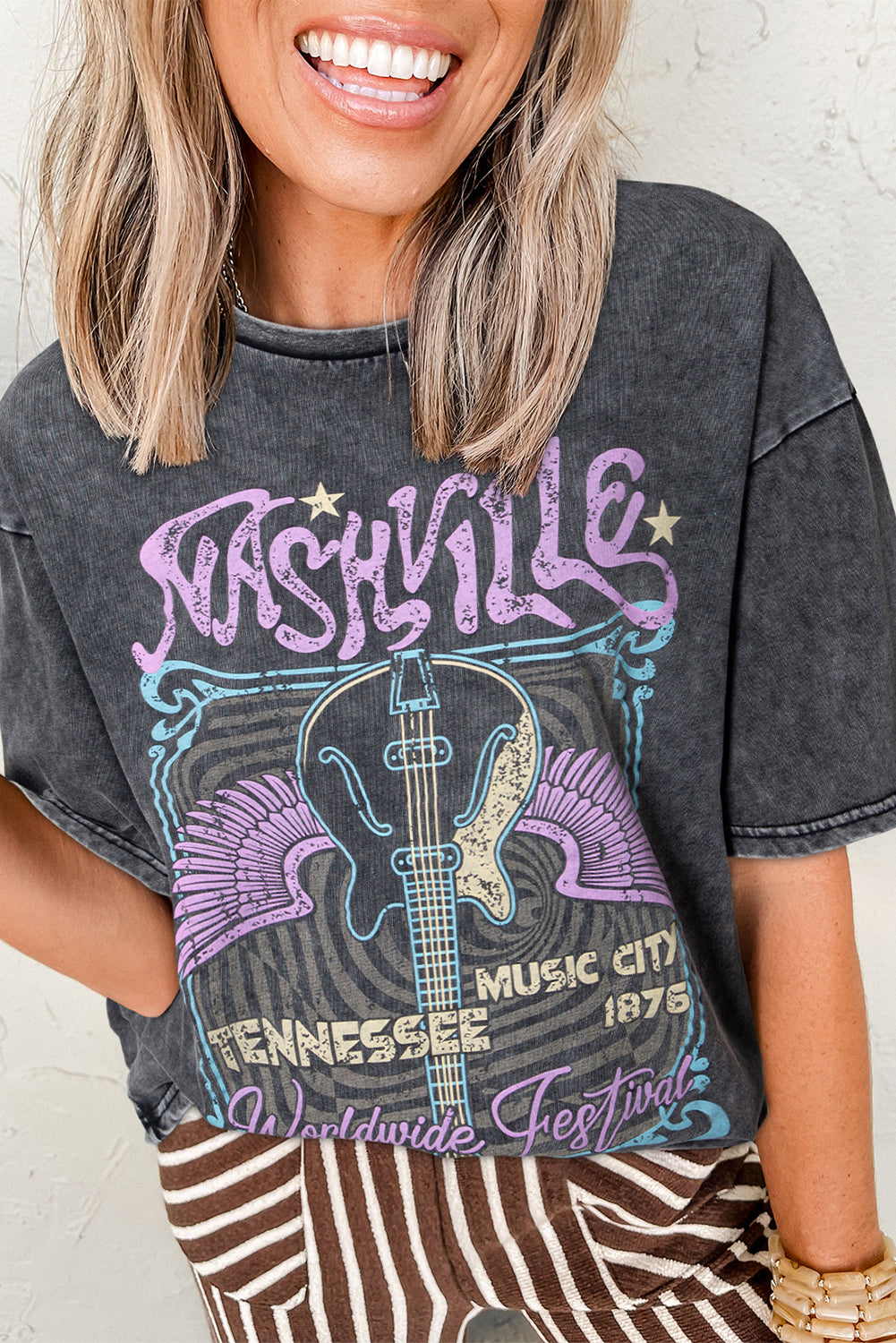 Black Nashville Tennessee Graphic Mineral Washed Vintage Tee