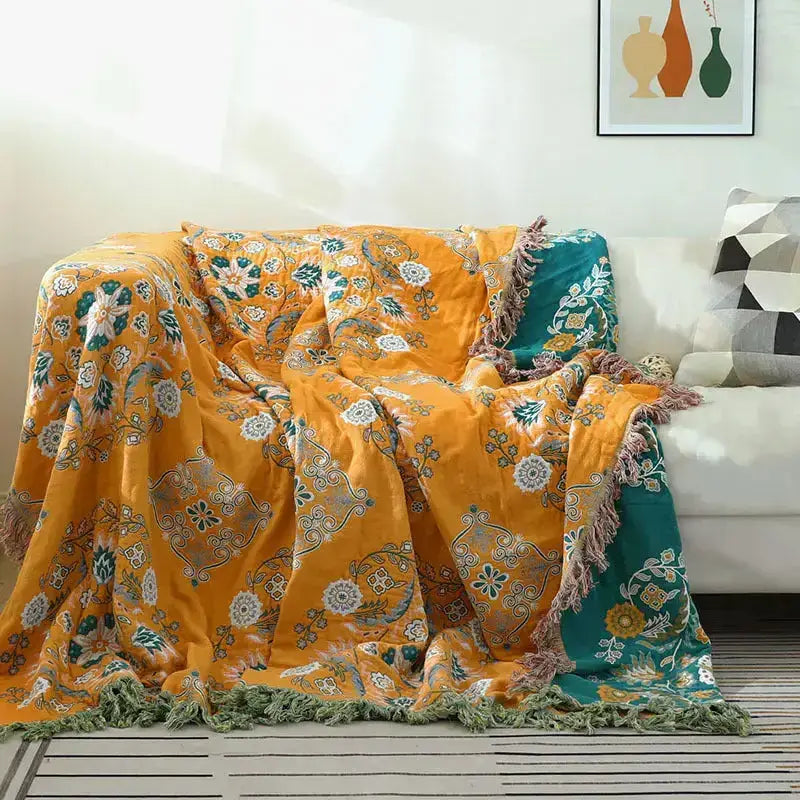 Cotton Gauze Fringed Throw Blanket