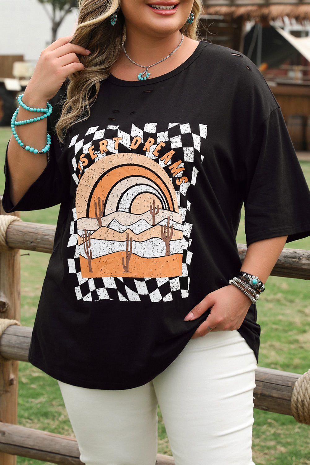 Black Checkerd DESERT DREAMS Printed Ripped Plus Size Tee