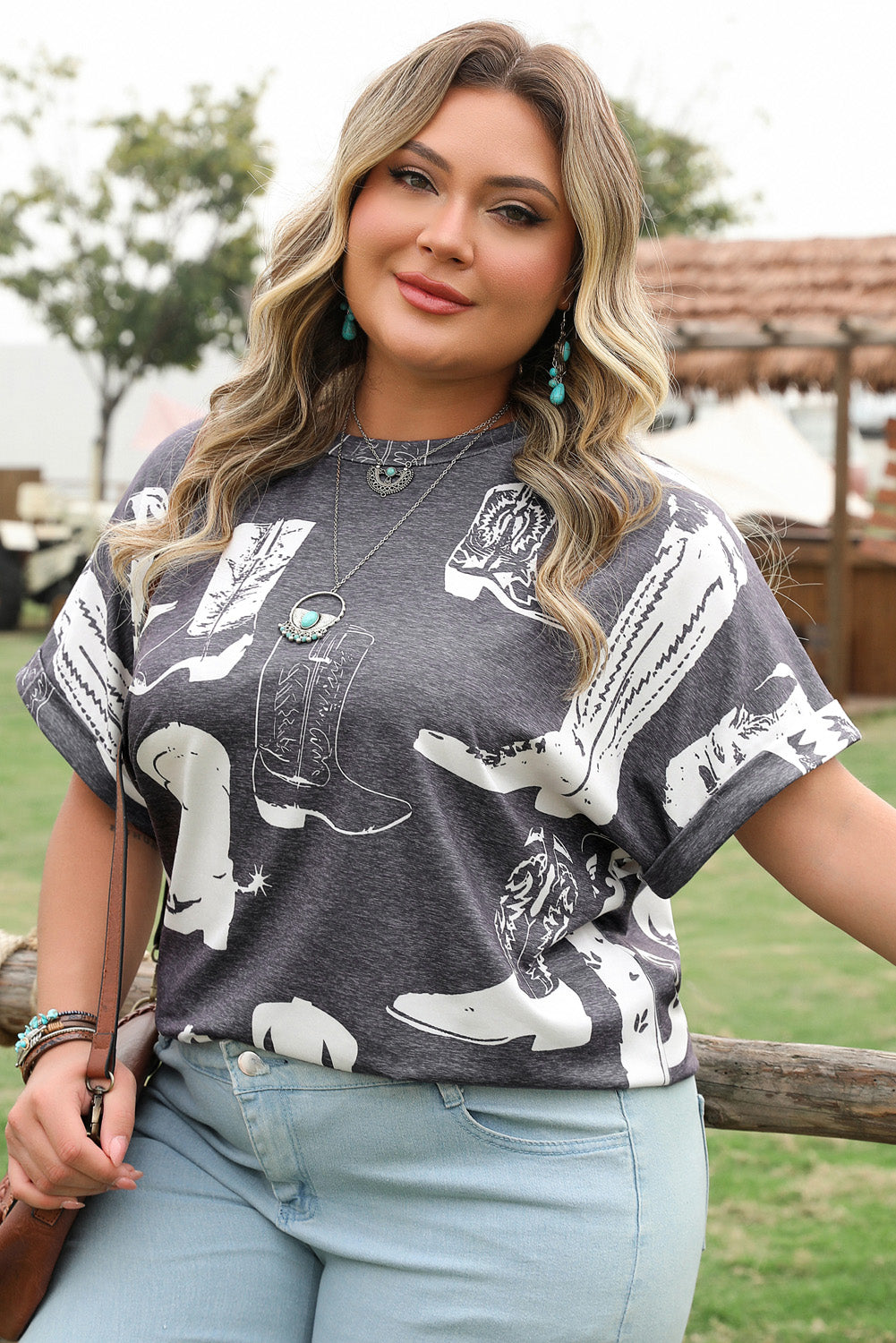 Gray Plus Size Western Boots Print Crew Neck T Shirt