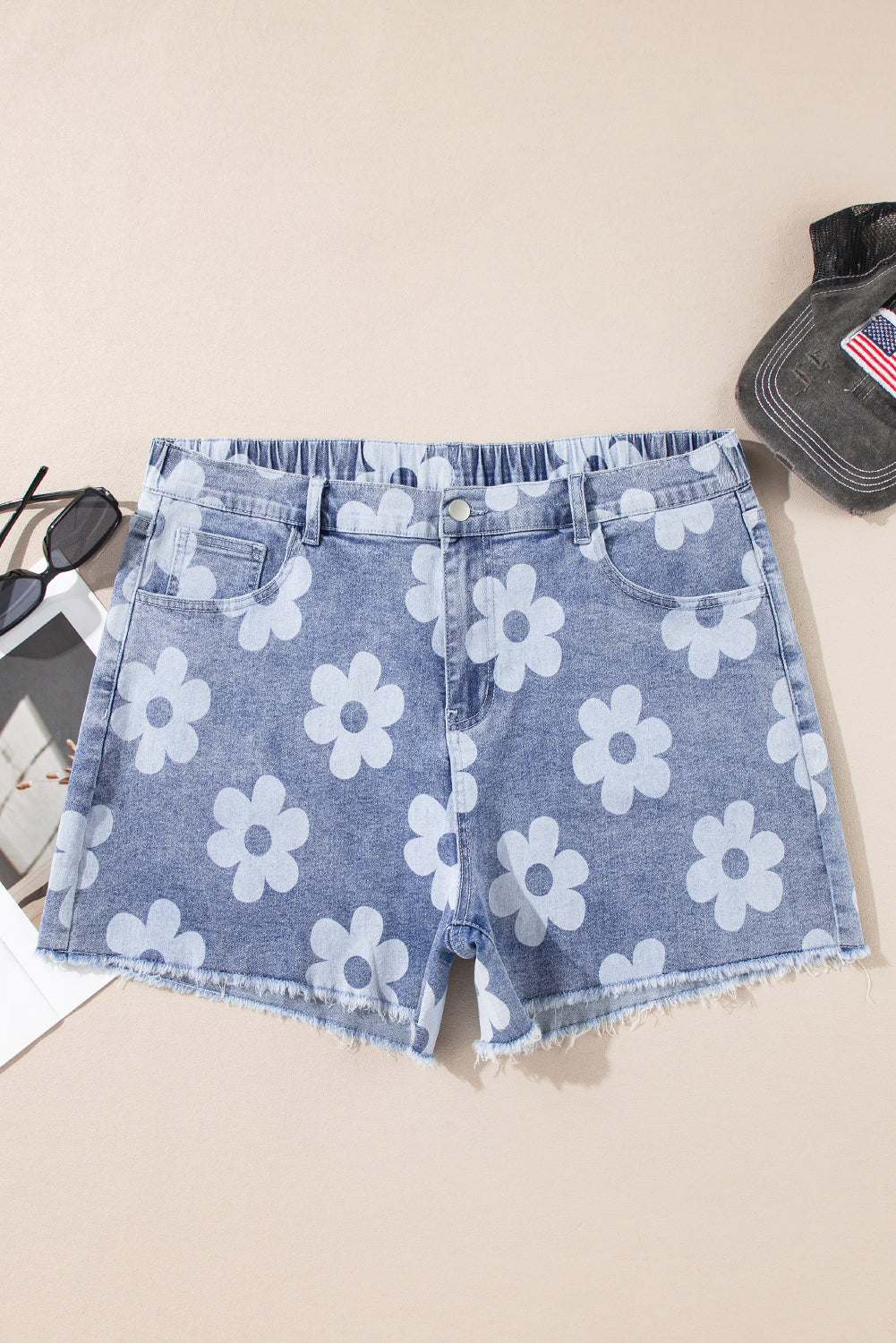 Ashleigh Blue Floral Pattern High Waist Raw Hem Plus Size Denim Shorts