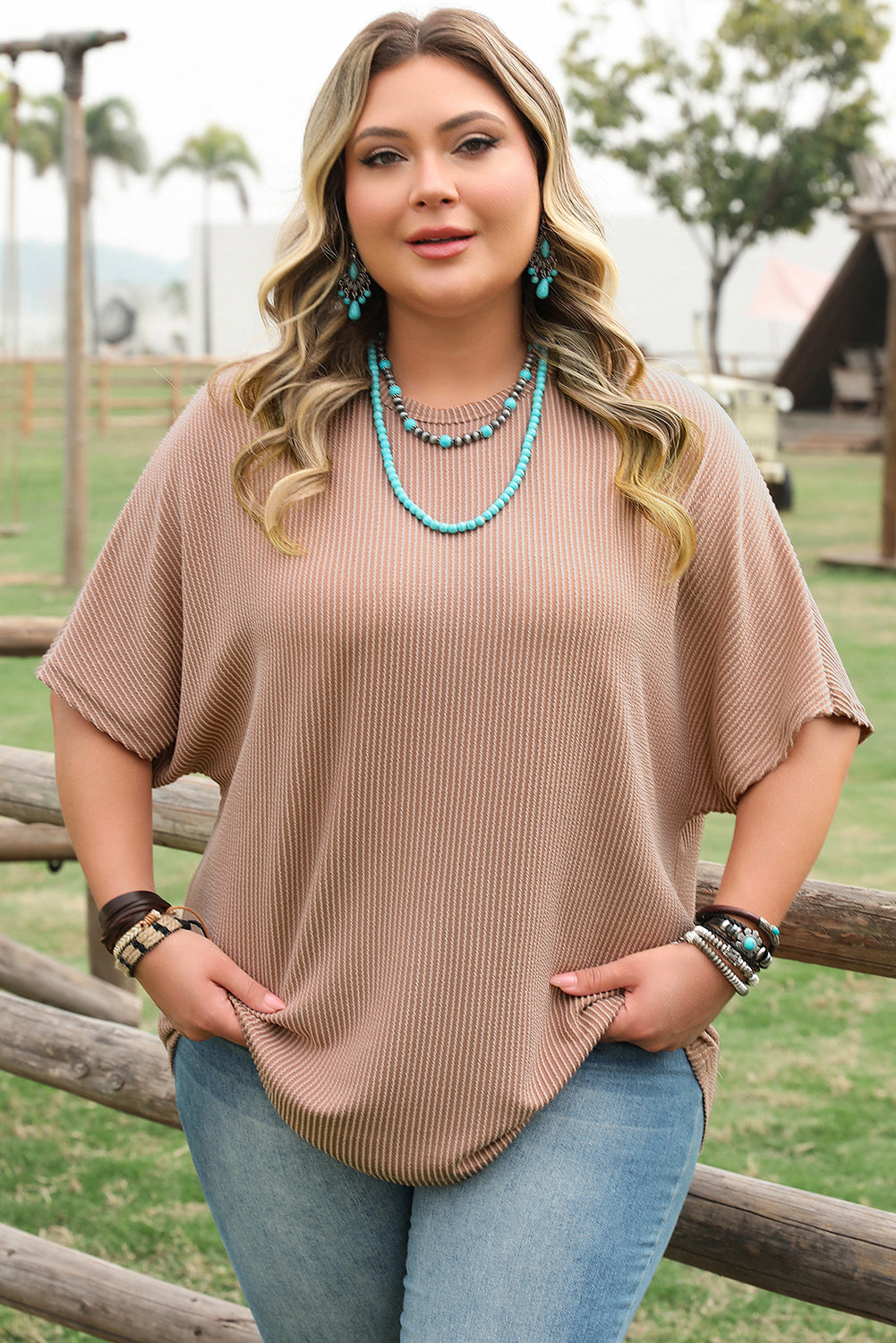 Smoke Gray Ribbed Striped Crew Neck Plus Size Knit T Shirt