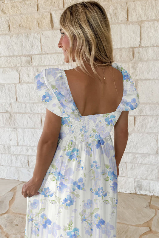 Sky Blue Floral Smocked High Waist Double Ruffle Sleeveless Long Dress