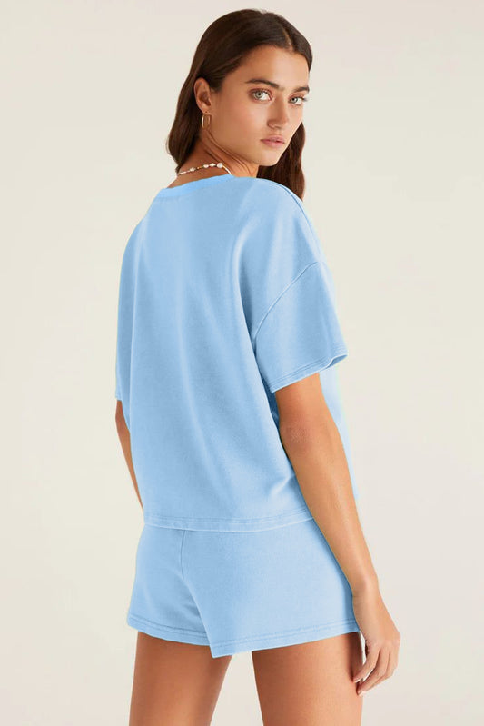 Myosotis V Neck Drop Shoulder Tee and Patchwork Drawstring Shorts Set