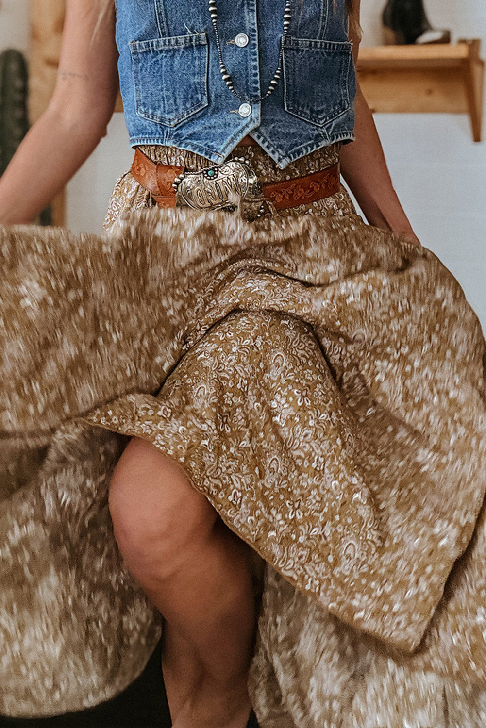 Brown Western Floral Print Ruffled Hem High Waist Loose Maxi Skirt
