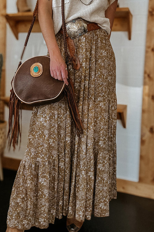 Brown Western Floral Print Ruffled Hem High Waist Loose Maxi Skirt