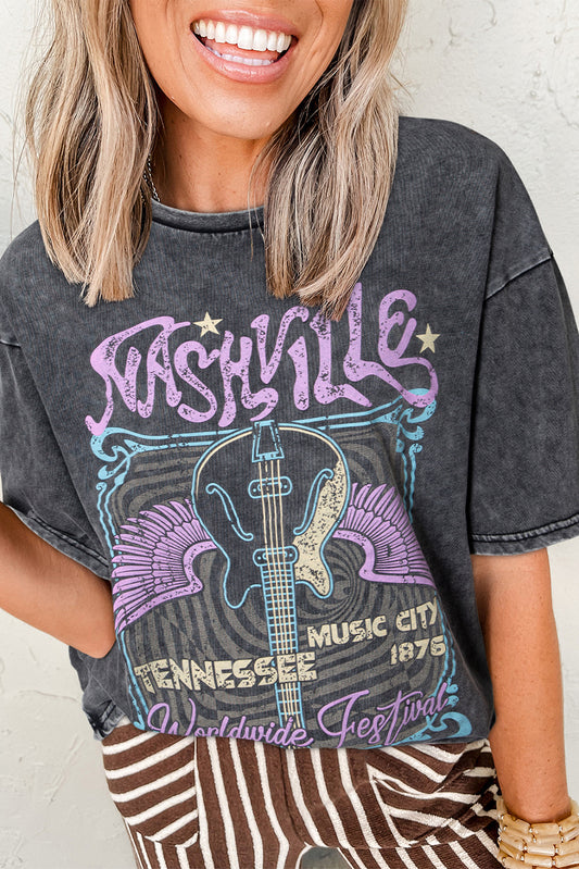 Black Nashville Tennessee Graphic Mineral Washed Vintage Tee