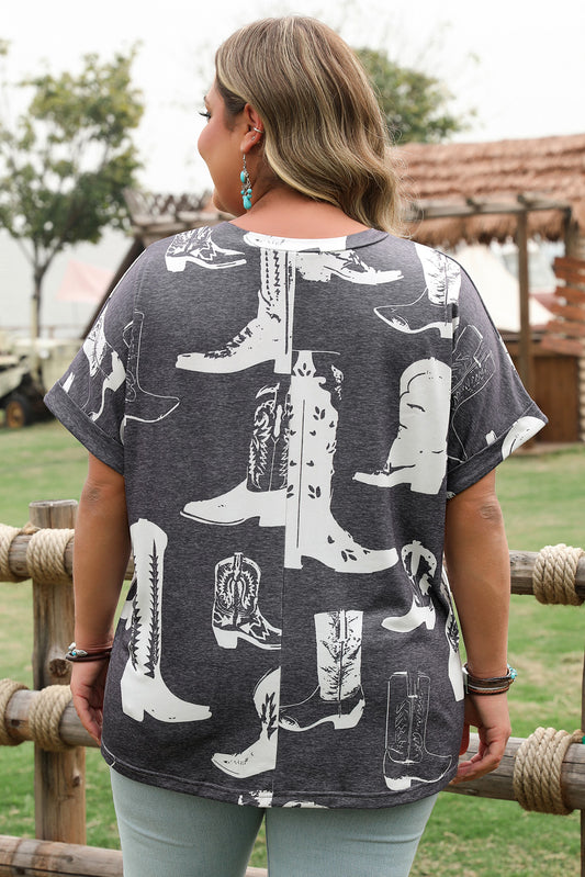 Gray Plus Size Western Boots Print Crew Neck T Shirt
