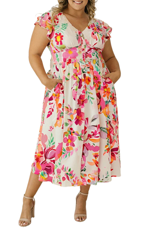 Pink Floral Print V Neck Ruffle Sleeve Plus Size Midi Dress