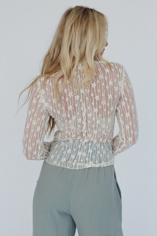 White Sheer Floral Lace Long Sleeve Slim Fit Top