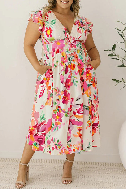Pink Floral Print V Neck Ruffle Sleeve Plus Size Midi Dress